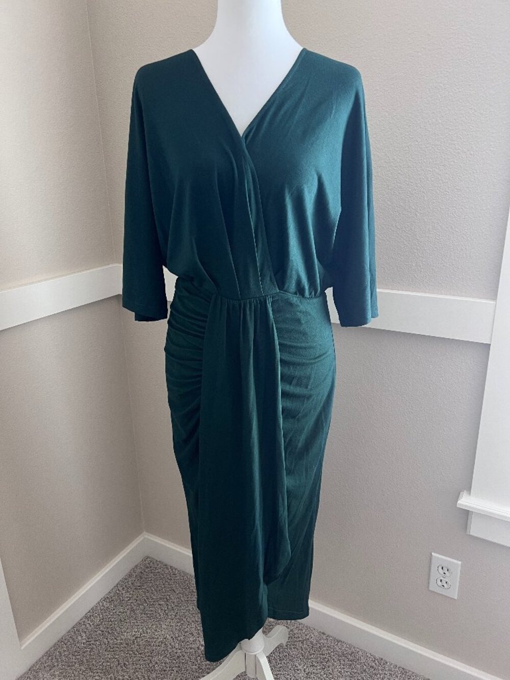 PRETTYGARDEN Ruched Faux Wrap Midi Dress Hunter Green - Size Large
